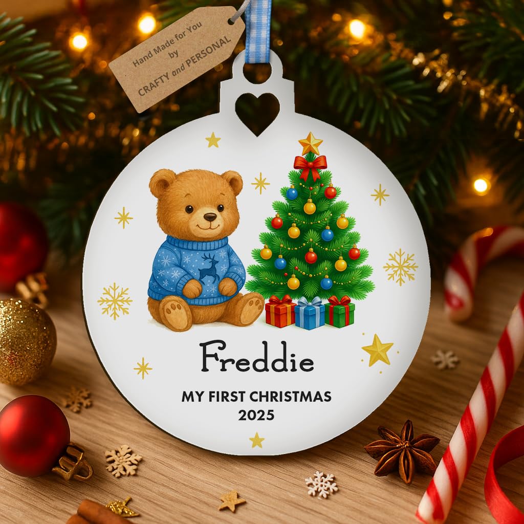 Personalised Babys First Christmas 2025 Wooden Bauble – Add Name & Year – Hand-Finished Keepsake 80×90 mm – Teddy & Tree – Blue, Pink, Red – Boy, Girl or Gender-Neutral Gift (Blue Teddy Bauble)