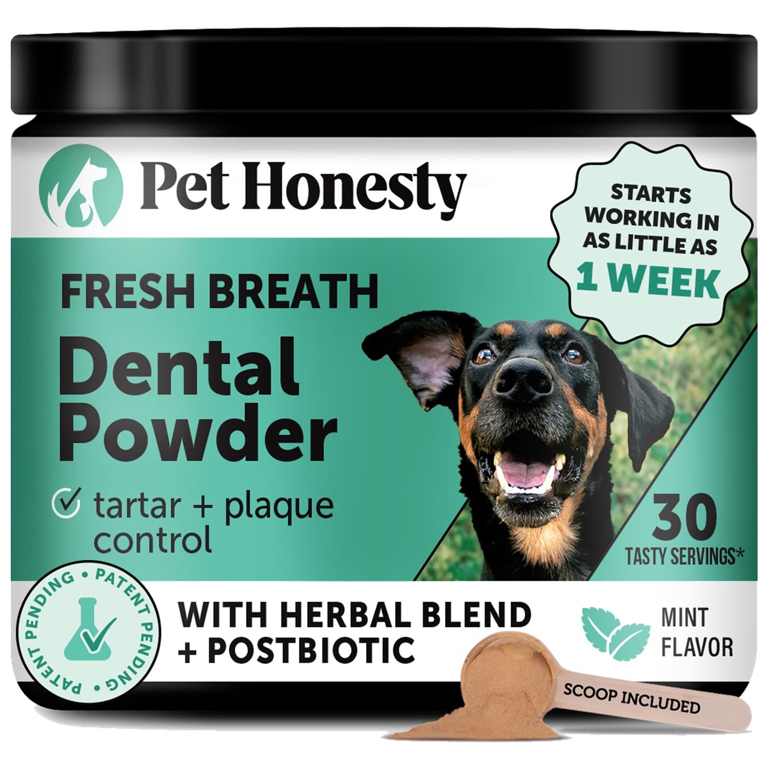Dog Breath Freshener Dental Powder for Teeth Cleaning Plaque Off, Dental Care for Dogs, Tartar Remover for Teeth with Natural Herbal Blend + Postbiotics (Mint - 30 Servings)