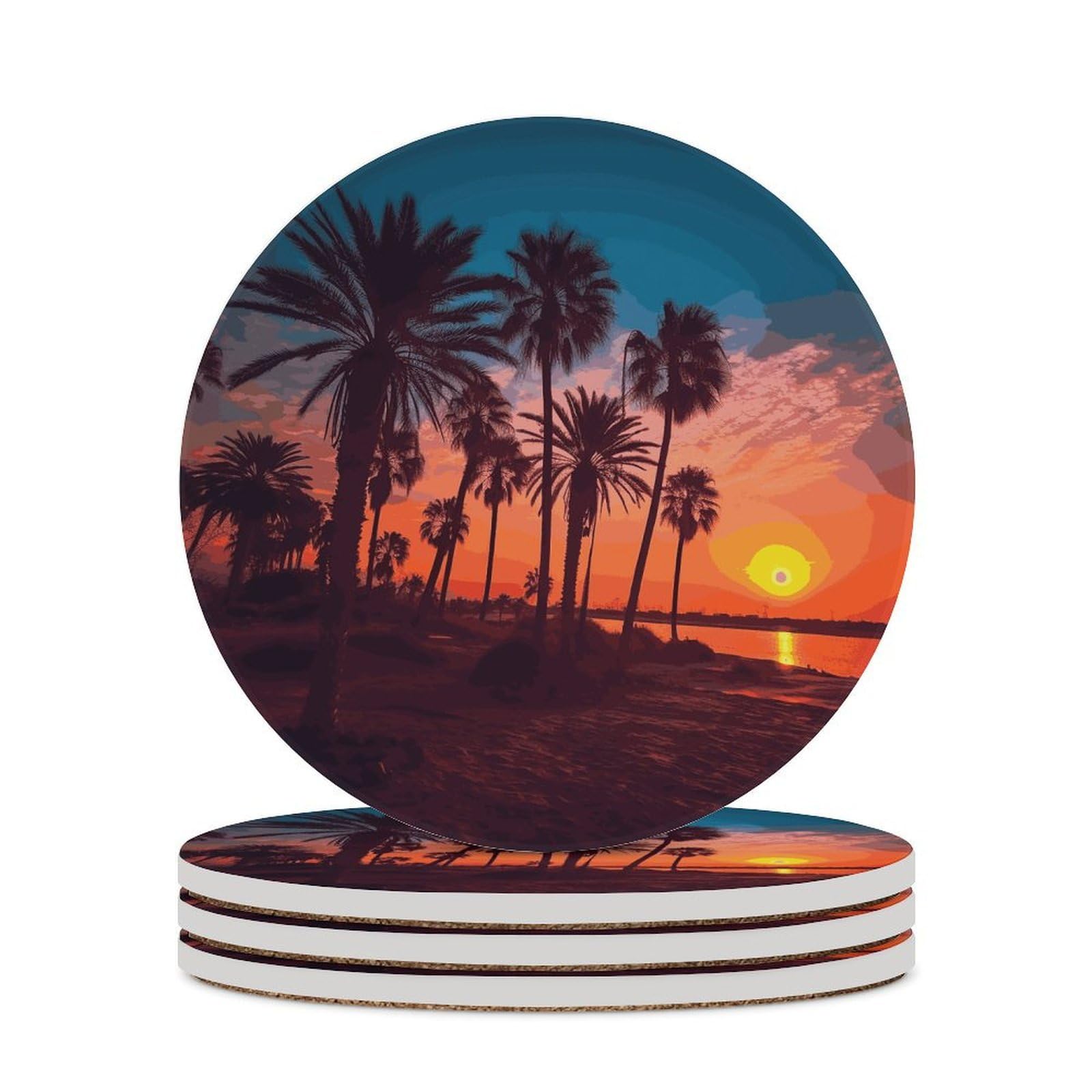 Palm Tree Sunset Coaster with Cork Base Drink Coasters for Coffee Table Decor Modern Cup Coasters with Non-Slip & Heat-Resistant Cute Ceramic Table Coaster for Home Dining