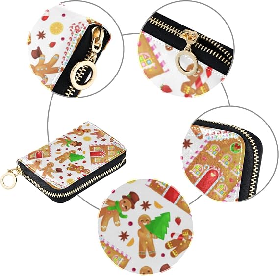 Christmas Cookies Gingerbread Man and Girl Near Sweet HouseGrey Credit Card Coin wallet, RFID Blocking Compact Women Leather Card Holder, Key Change Organizer, Zipper Purse Clutch Pouch