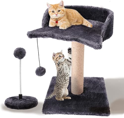 Poste rascador de gato para gatito, poste rascador de sisal natural, plataforma de felpa y bolas de juguete colgantes, juguetes interactivos para