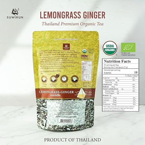 Miniatura 2 de Suwirun Té orgánico de citronela y jengibre, 25 bolsas, producto de Tailandia, té de hierbas cálido y calmante, sin cafeína, sin calorías,