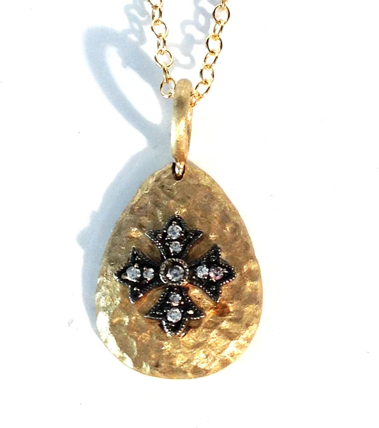 Maltese Cross Diamond & Yellow Hammered 14k Gold w/ Black Rhodium Pendant Charm