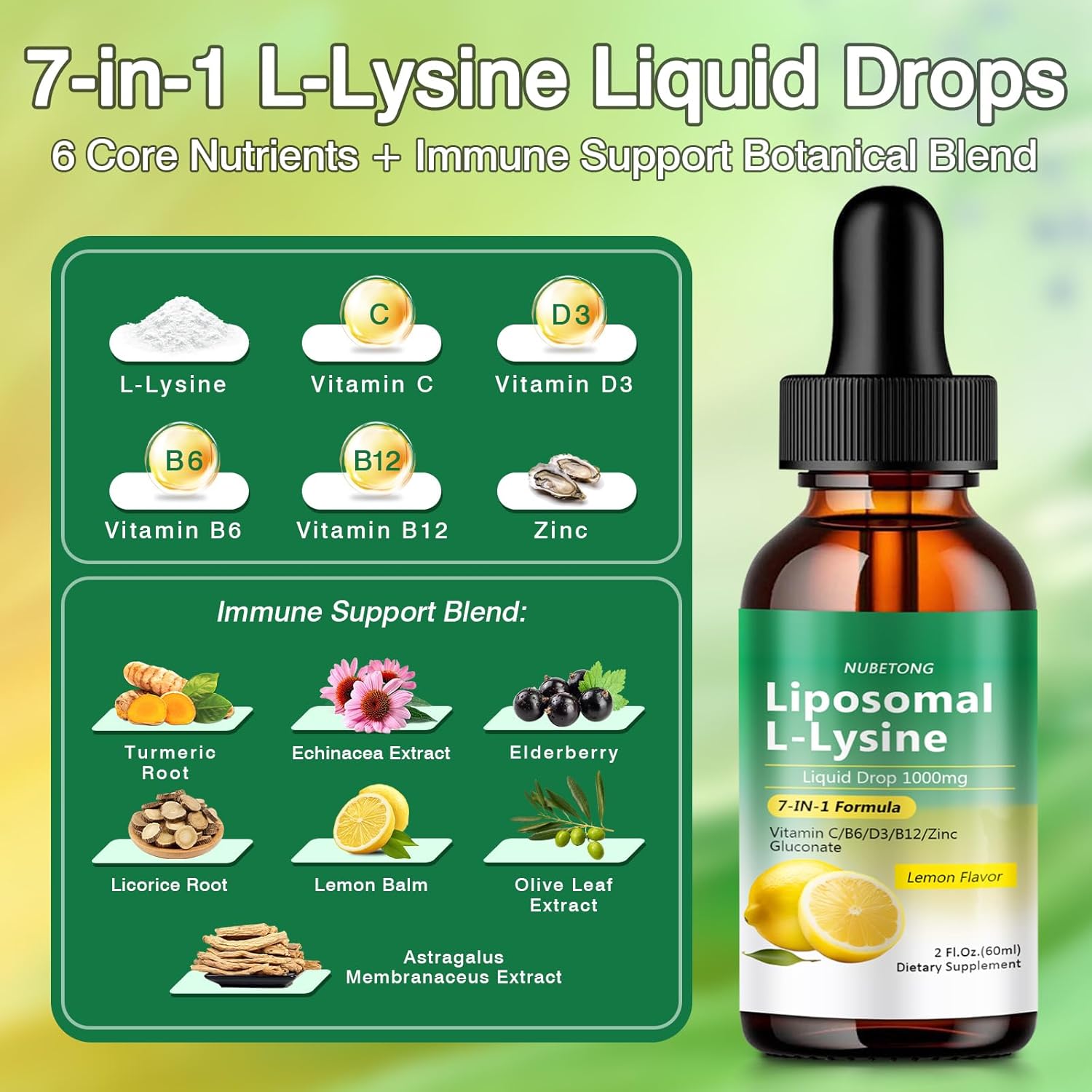 Liposomal L-Lysine Liquid Drops 1000mg – 7-in-1 Lysine Supplement with Vitamin C D3 B6 B12 Zinc & Immune Support Blend, Lemon Flavor, for Lip & Oral Health, Collagen & Immune Support, Vegan, Non-GMO
