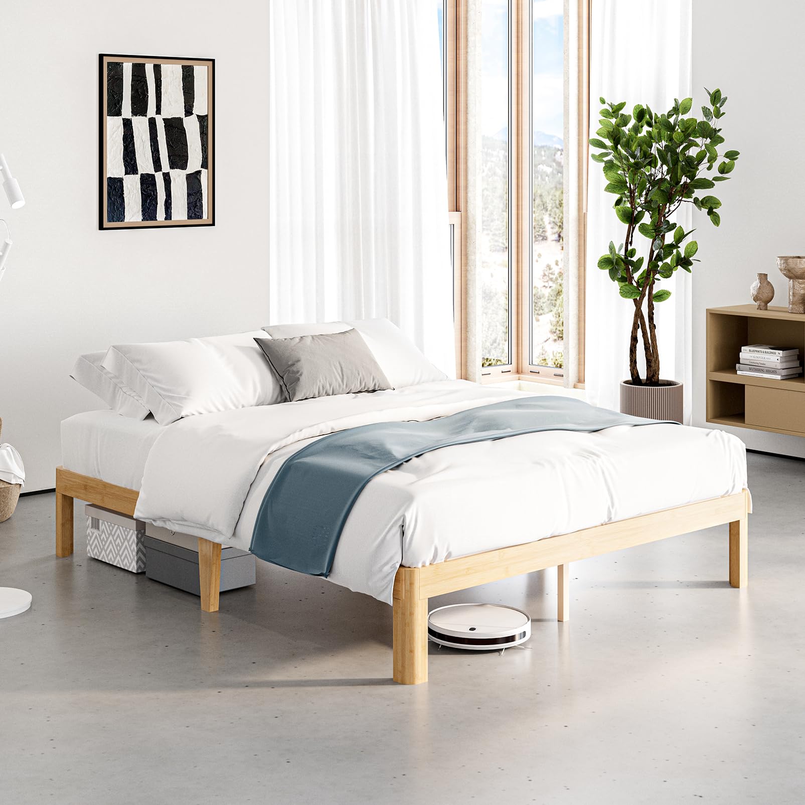 Sementa 12 Inch High Bamboo Wood Full Size Bed Frame Platform, Metal Slat Support Bed Frame Full Size, No Box Spring Needed, Easy Assembly, Noise Free