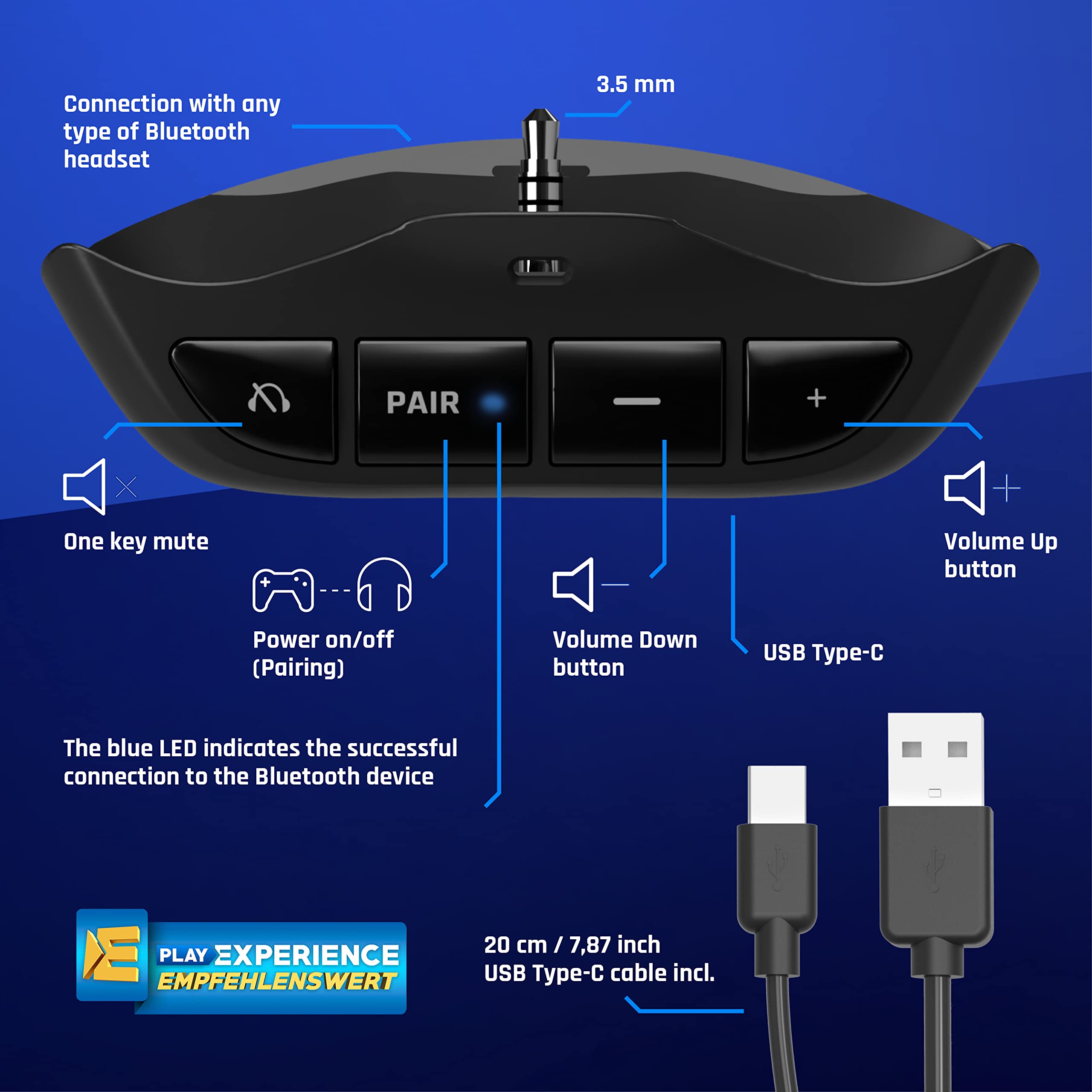 snakebyte PS5 BT Headset:Adapter 5 - Playstation 5 Bluetooth Adapter do zestawu słuchawkowego BT 5.0, Airpods, zestaw słuchawkowy Sony/Bose, z 18 godzinami pracy na baterii, przyciski wyciszenia,