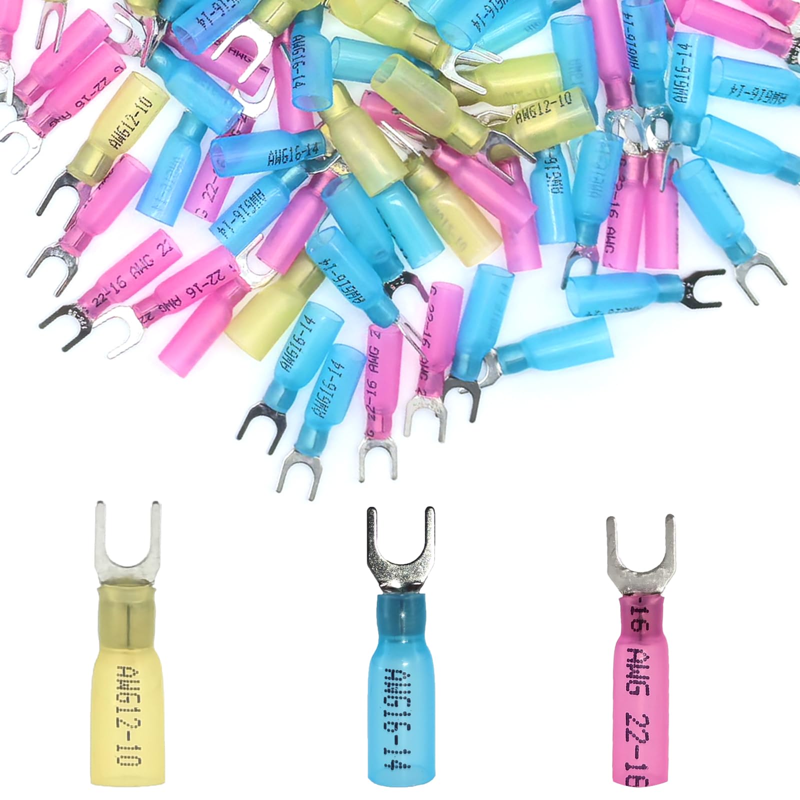100PCS Heat Shrink Fork Connectors ?22-16/16-14/12-10AWG Tinned Copper U-Type Spade Wire Connectors Kit,for Watercraft, Electronics, Automotive