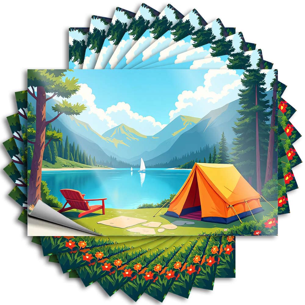 Coffee Door Lettering Sticker | Camping By The Lake with Mountains in The Background Optical Illusion Durable Vinyl Sticker Easy Apply for Colorful(8X12CM)