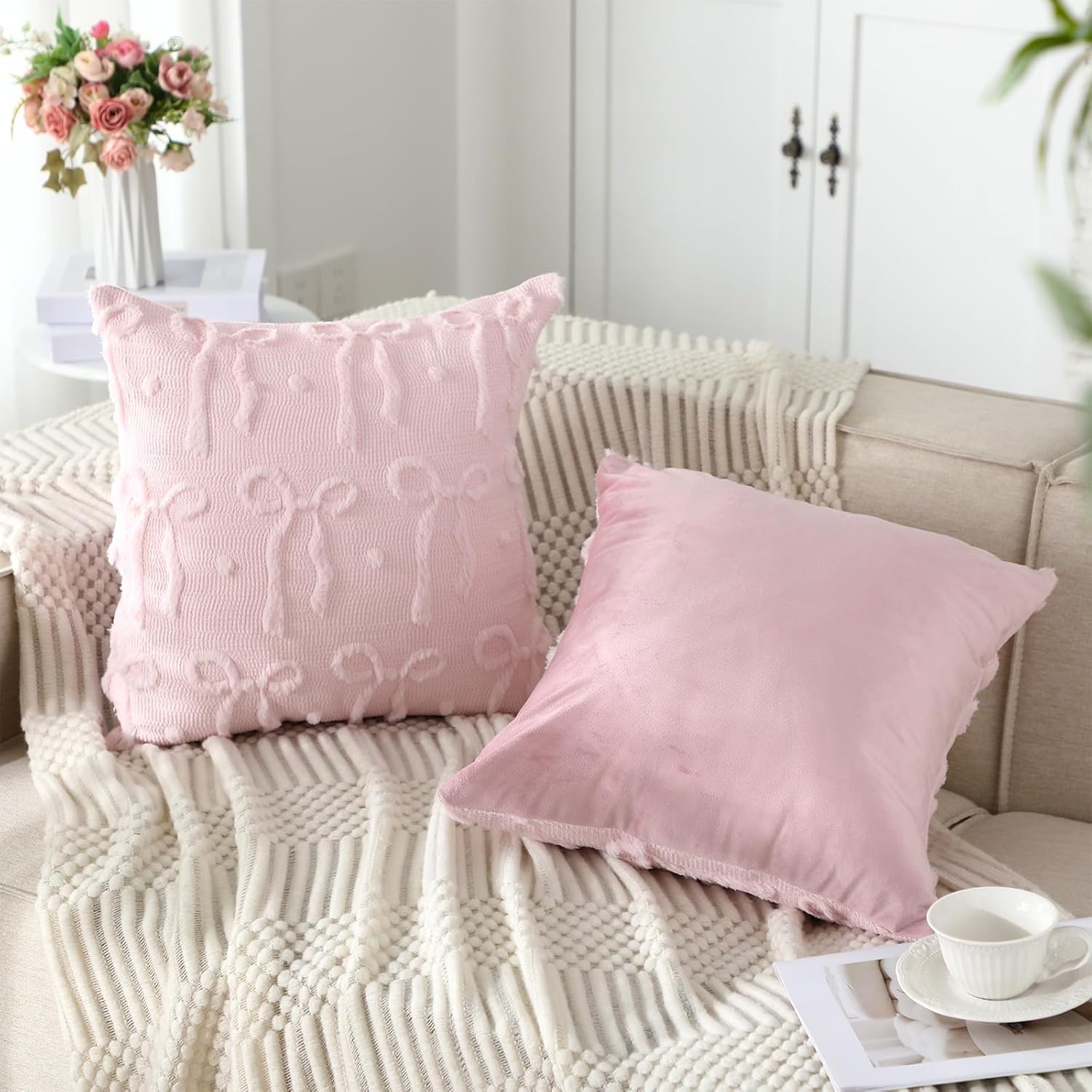 Mixweer Pink Bow Throw Pillow Covers 18x18 Set of 2 Coquette Decorative Pillow Covers Soft Plush Faux Wool Aesthetic Pillowcases Preppy Room Decor for Bed Sofa Couch Living Room - Image 6