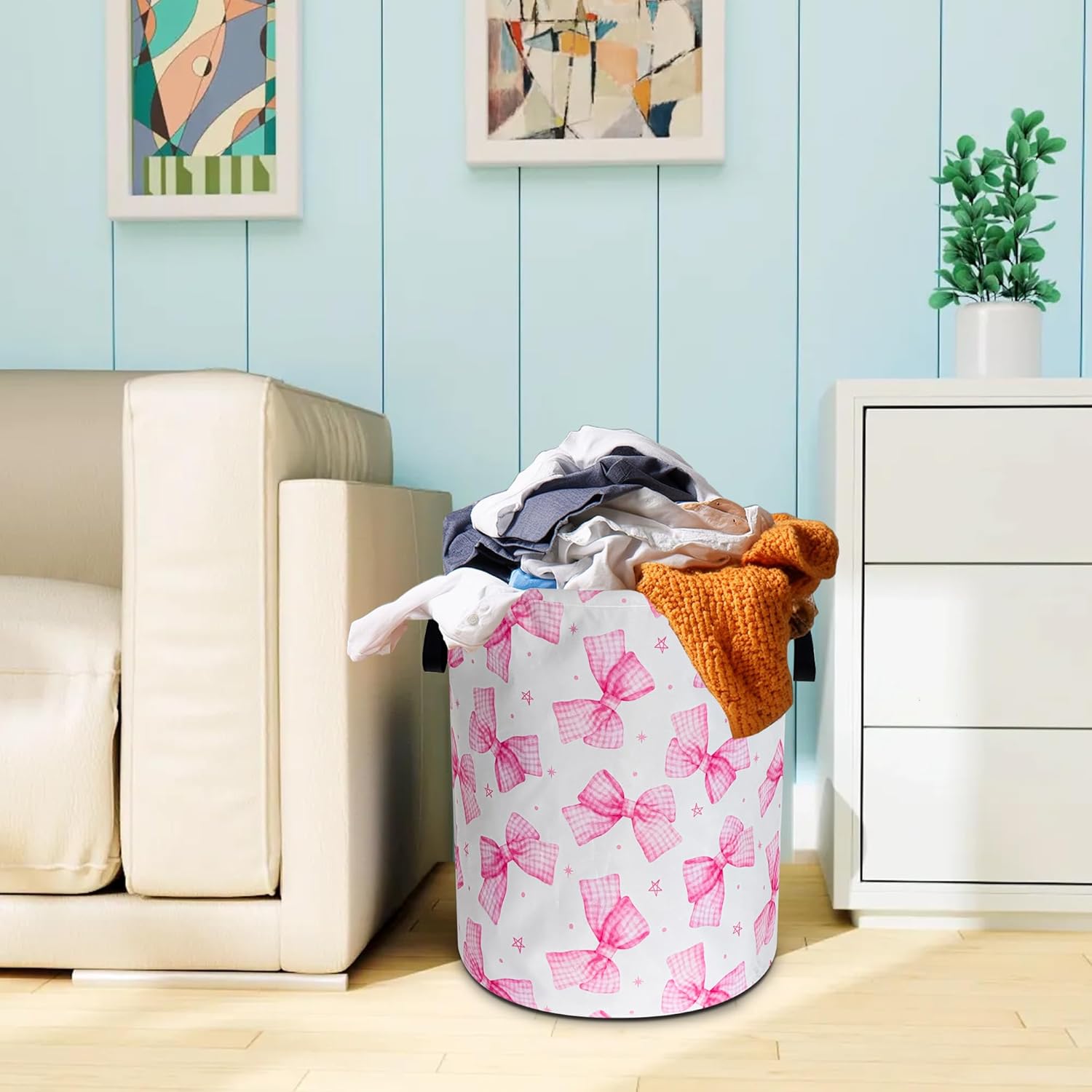 Pink Bow Laundry Basket Oxford Cloth Bowknot Laundry Hamper With Handle Foldable Portable Clothes Storage Basket 18.9 X 16.5 In Storage Bag For Laundry Room/Bathroom/Bedroom/Dormitories