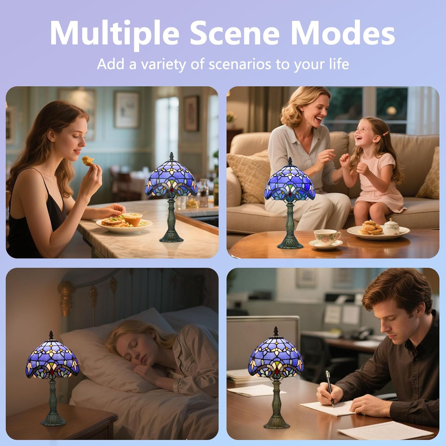 Tiffany Style Table Lamp for Bedroom - Remote Control 8 Inch Stained Glass Lamp with Timer, Stepless Dimmable and Glass Shade Bedside Lamps for Living Room Office, Bulb Included (Blue Baroque)