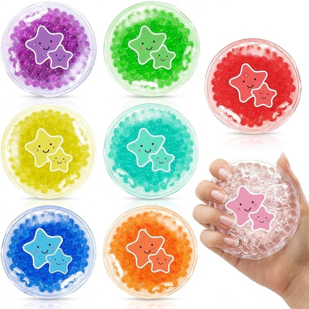 Kids Boo Boo Ice Packs for Injuries, Teething, Bumps & Bruises | 8 Small Reusable Gel Cold Compress for Instant Pain Relief | Child-Safe First Aid Cooling Pads (8 Color Star Design)