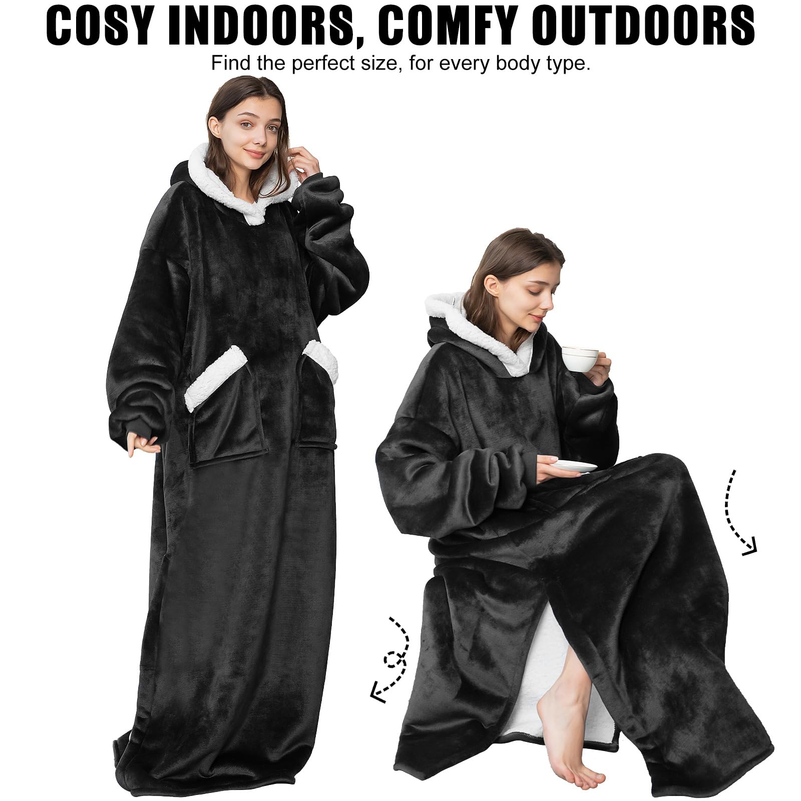 Emwwat Coperta extra lunga con cappuccio, oversize Sherpa con cappuccio per donne e uomini, coperta indossabile con maniche e tasca gigante