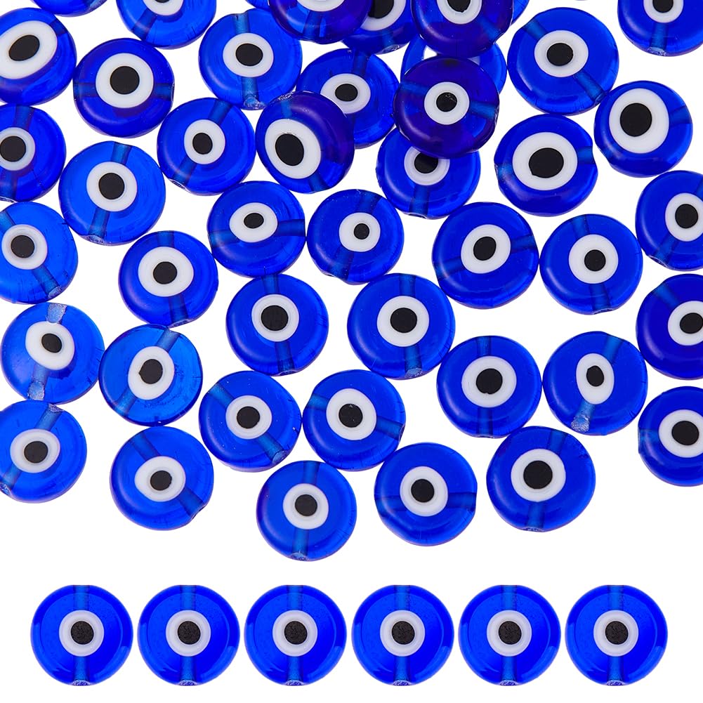 DICOSMETIC 76Pcs Evil Eye Bead Blue Glass Beads Turkish Handmade Beads Lampwork Glass Beads Small Spacer Beads Flat Round Loose Beads Strands for DIY Crafts Jewelry Making, Hole: 1mm