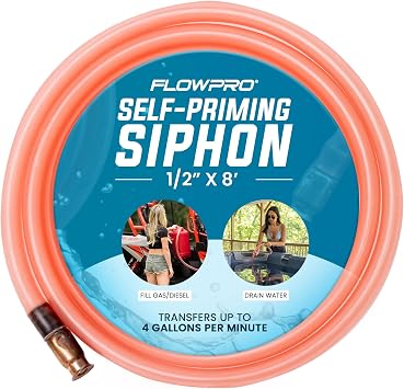 1/2 x 8 Self-Priming Shaker Jiggler Siphon Hose, FlowPro Siphon Gas & Fuel Transfer Pump, Gas Can Siphon for Boats, Jet Ski, Pontoon. Water Siphon Pump for Hot Tub Drain and Cold Plunge | 4 GPM