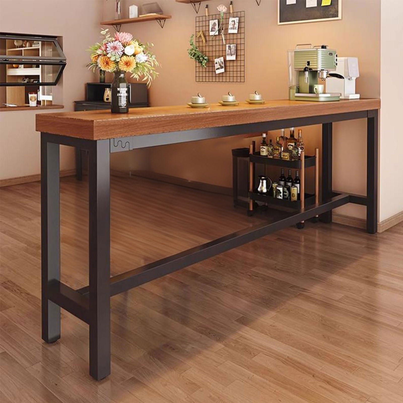 Narrow Bar Table 41.3 Inch Counter Height Industrial Pub Table Wood Top Long Behind Couch Table Reinforced Structure 15.7 to 23.6 Inch Width Options