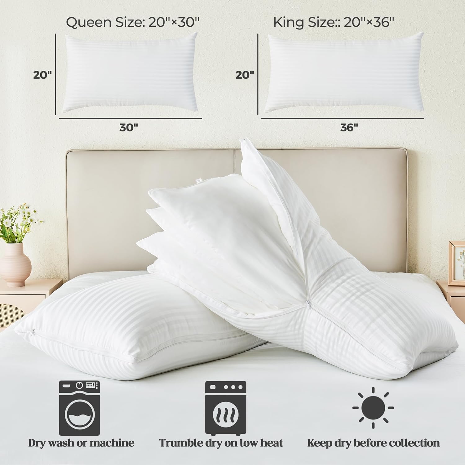 puredown Queen Pillow 2 Pack, Fluffy 3 Layer Bed Pillows for Sleeping, Cotton Fabric Pillows, Down Alternative Pillows, Adjustable Firmness and Support for Back, Side and Stomach Sleepers