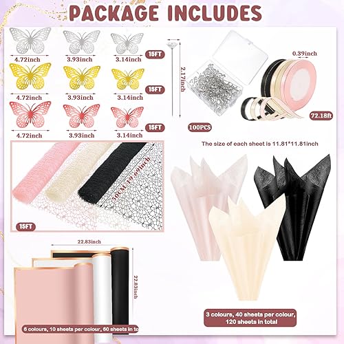 Miniatura 2 de Qilery Juego de 334 piezas de papel de regalo de flores, 153 papel de regalo de ramo floral impermeable, 72 decoraciones de mariposas doradas 3D,