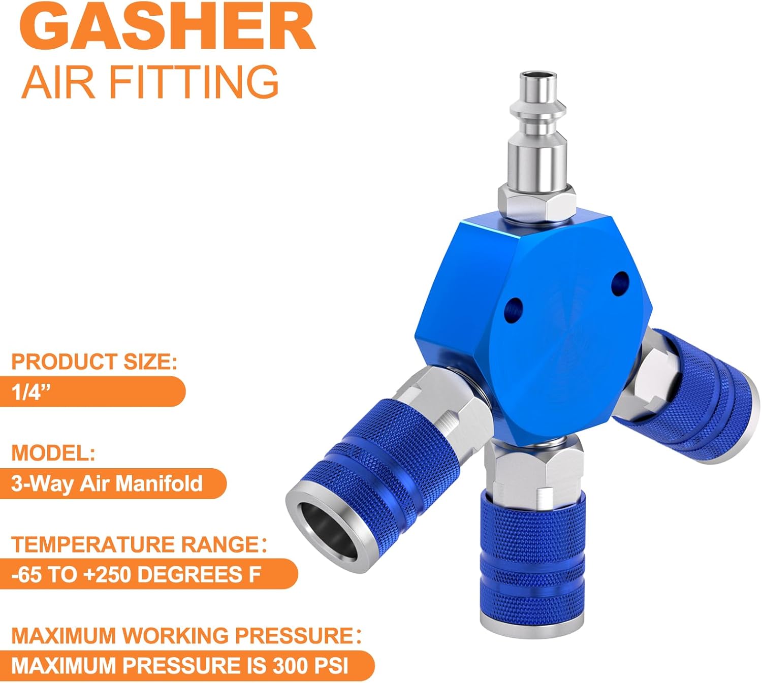 GASHER 1/4 Inch NPT Aluminum Hex Style 3-Way Air Manifold with 3 Pieces Steel Industrial Coupler and Plug, Air Compressor manifold Hose Accessories Quick Connect Fittings Air Splitter(2-Pack)