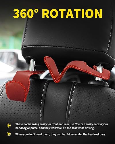 Miniatura 3 de Paquete de 4 ganchos de cuero para reposacabezas de asiento de automóvil con capacidad de carga de 44 libras, organizador de almacenamiento