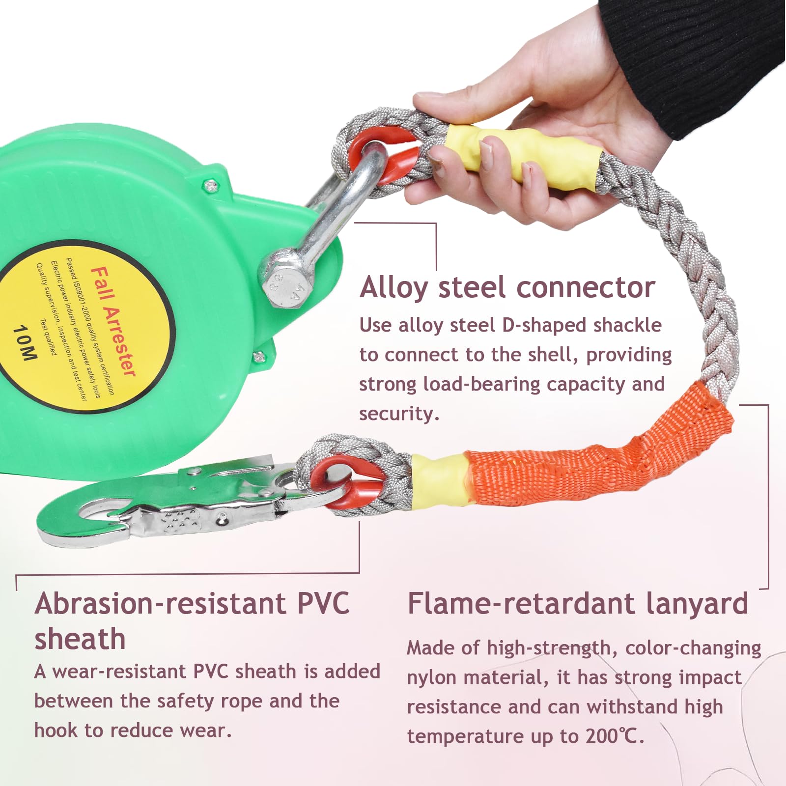 Arnes Linea de Vida Retractil Tejado, Dispositivo Retractil Anticaidas Seguridad Homologado 10 Metros, Arnes Retractil Seguridad para Trabajo Altura y Tejado con Gancho Giratorio(Verde,10m)