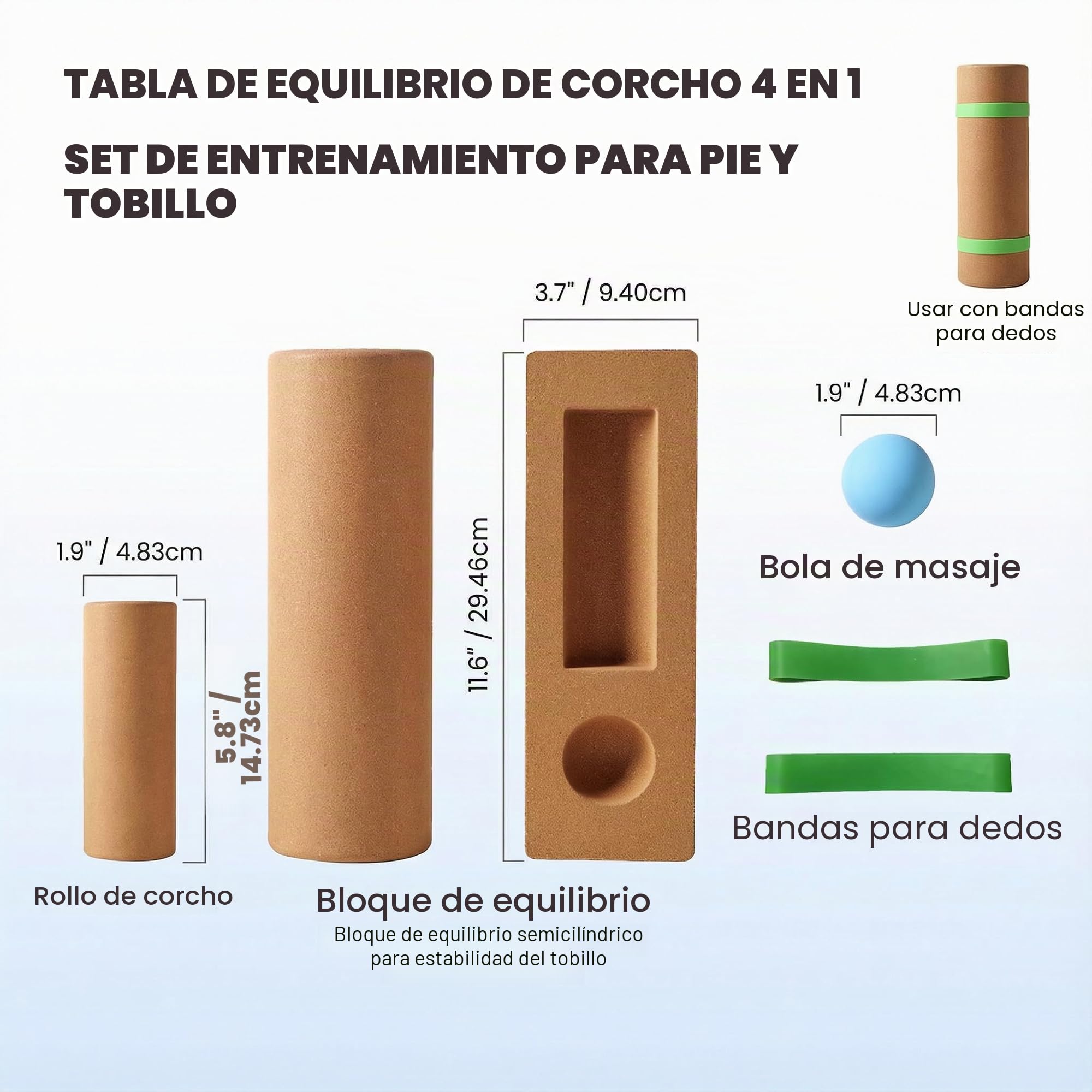 Tabla de equilibrio de corcho 4 en 1 para pies y tobillos – Kit de entrenamiento y propiocepción con bloques, rodillo, pelota de masaje y bandas – Fisioterapia, estabilidad y prevención de caídas