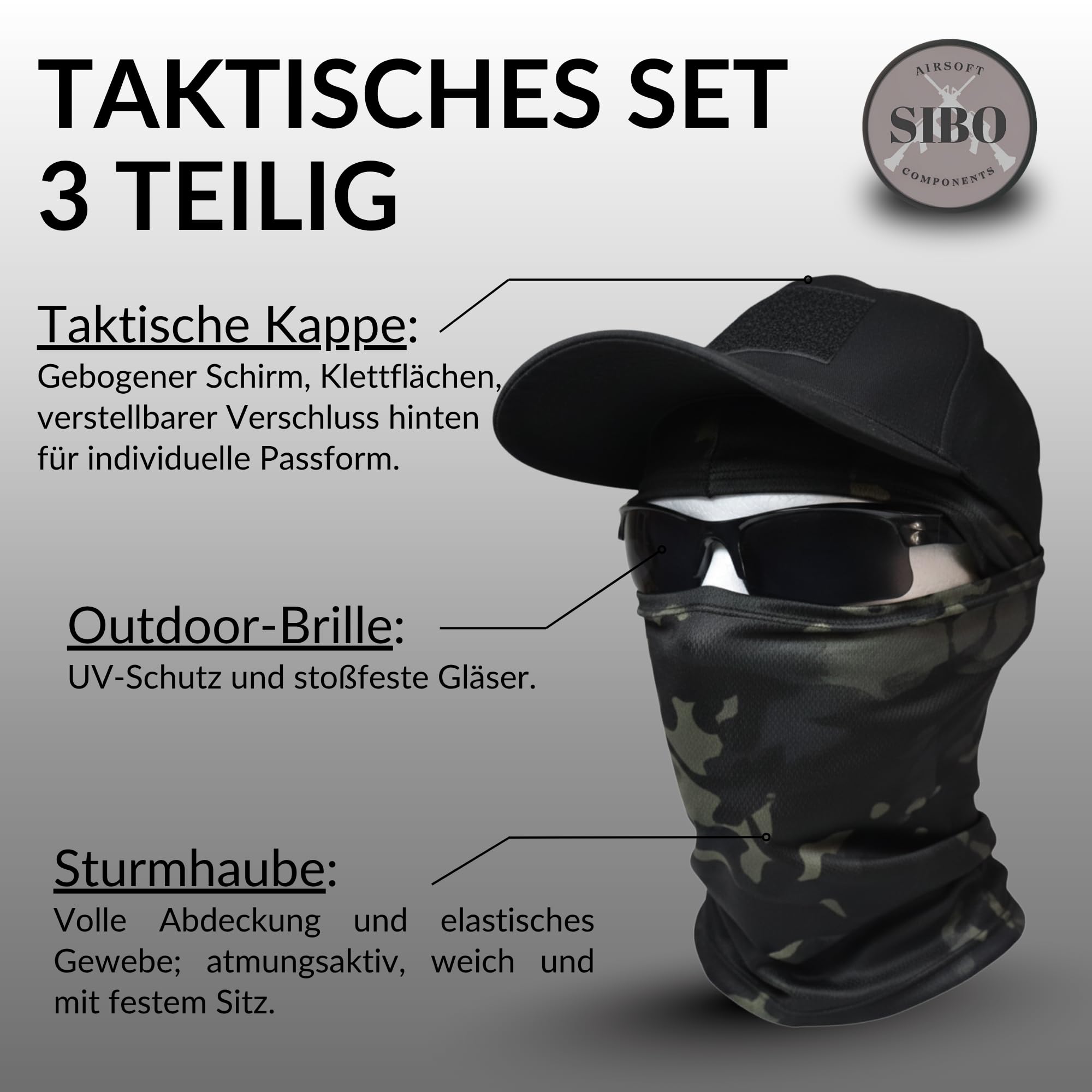 Sibo - Outdoor-Set (3-teilig): Taktische Klett-Cap + Outdoor-Schutzbrille + Elastische, atmungsaktive Sturmhaube für Airsoft, Paintball, Jagd, Wandern, Radfahren, Running, Skifahren (Schwarz)