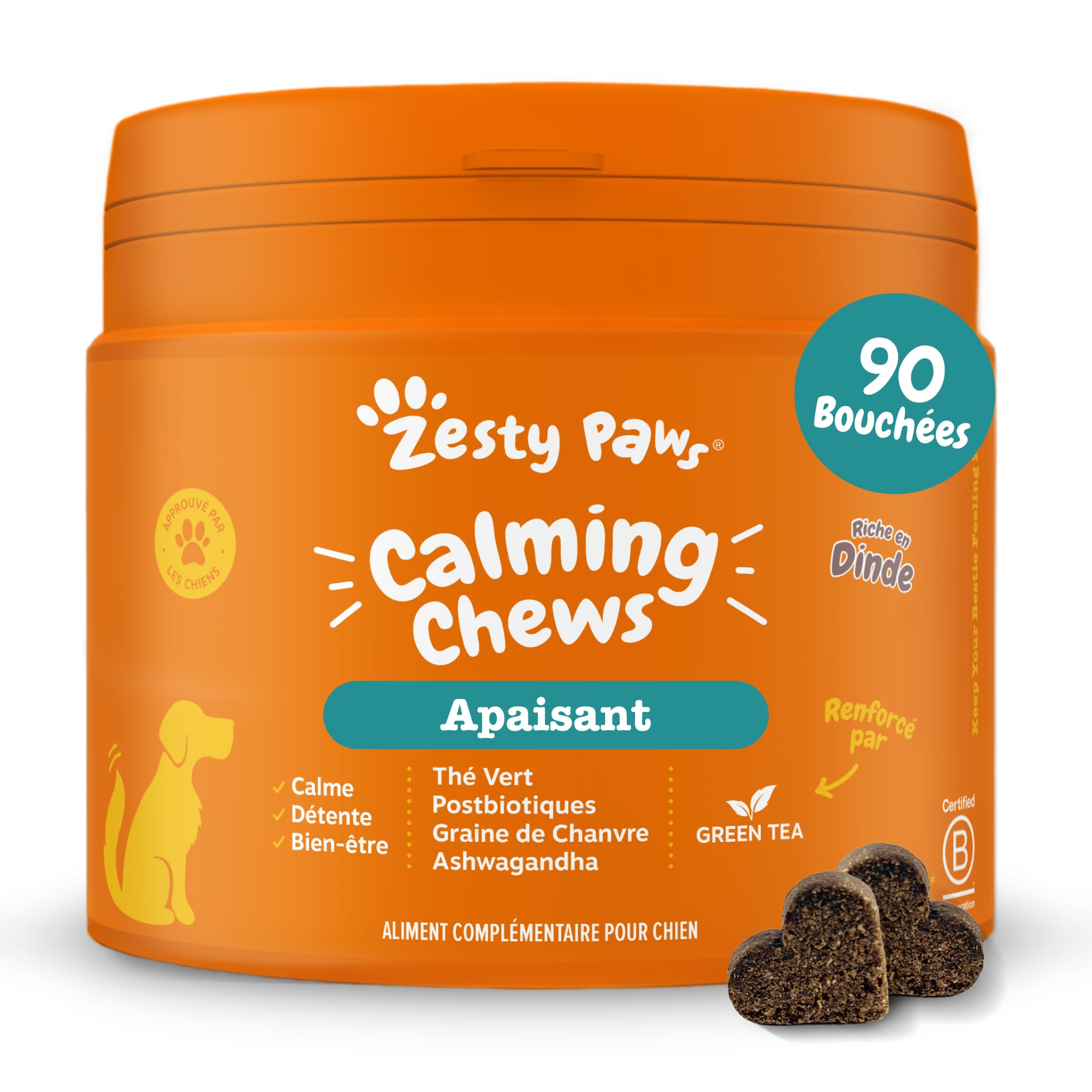 Zesty Paws Bouchées Relaxantes Chien | Calme, Détente et Bien-être | Contre Le Stress, Hyperactivité et Anxiété de Séparation | Thé Vert, Ashwagandha, L-Tryptophane | Usage Quotidien | 90 Bouchées