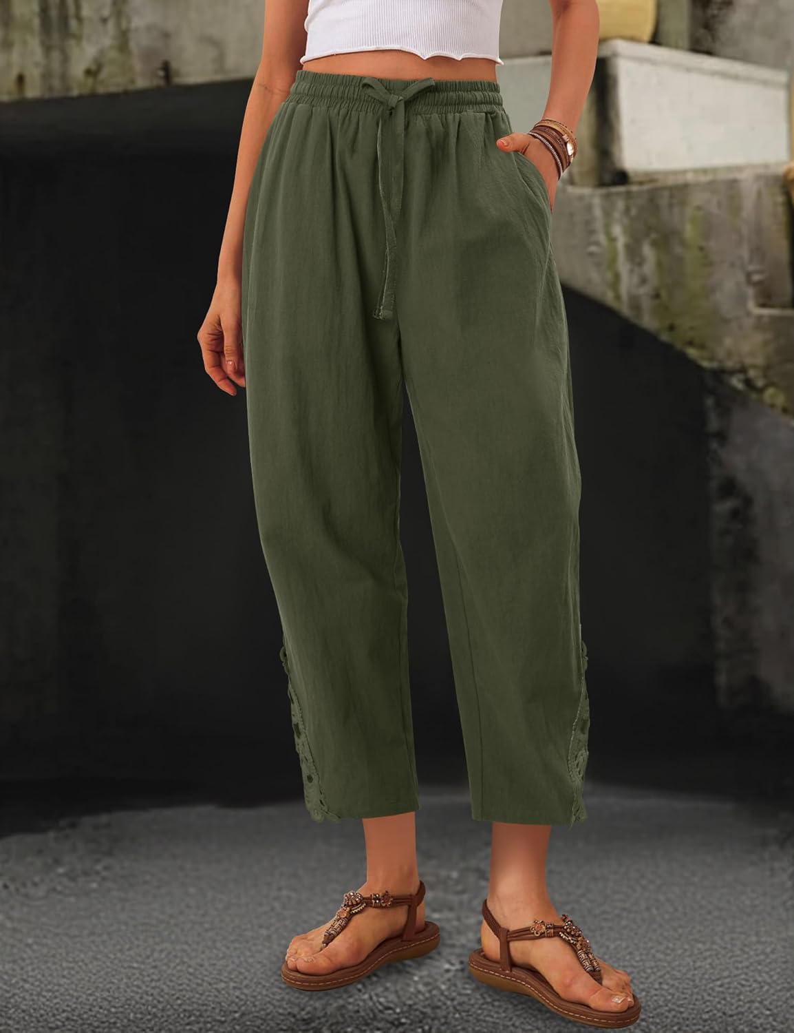 Angerella Womens Cotton Linen Pants Casual Lightweight Drawstring Elastic Waist Trousers Summer Lounge Pants with Pockets - Image 4