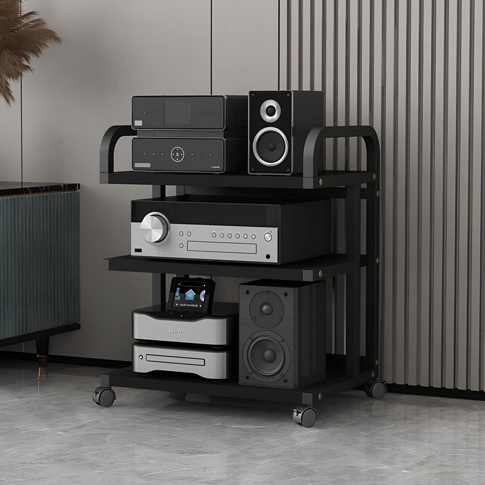 Support stéréo moderne en bois noir avec roulettes pour équipement audio