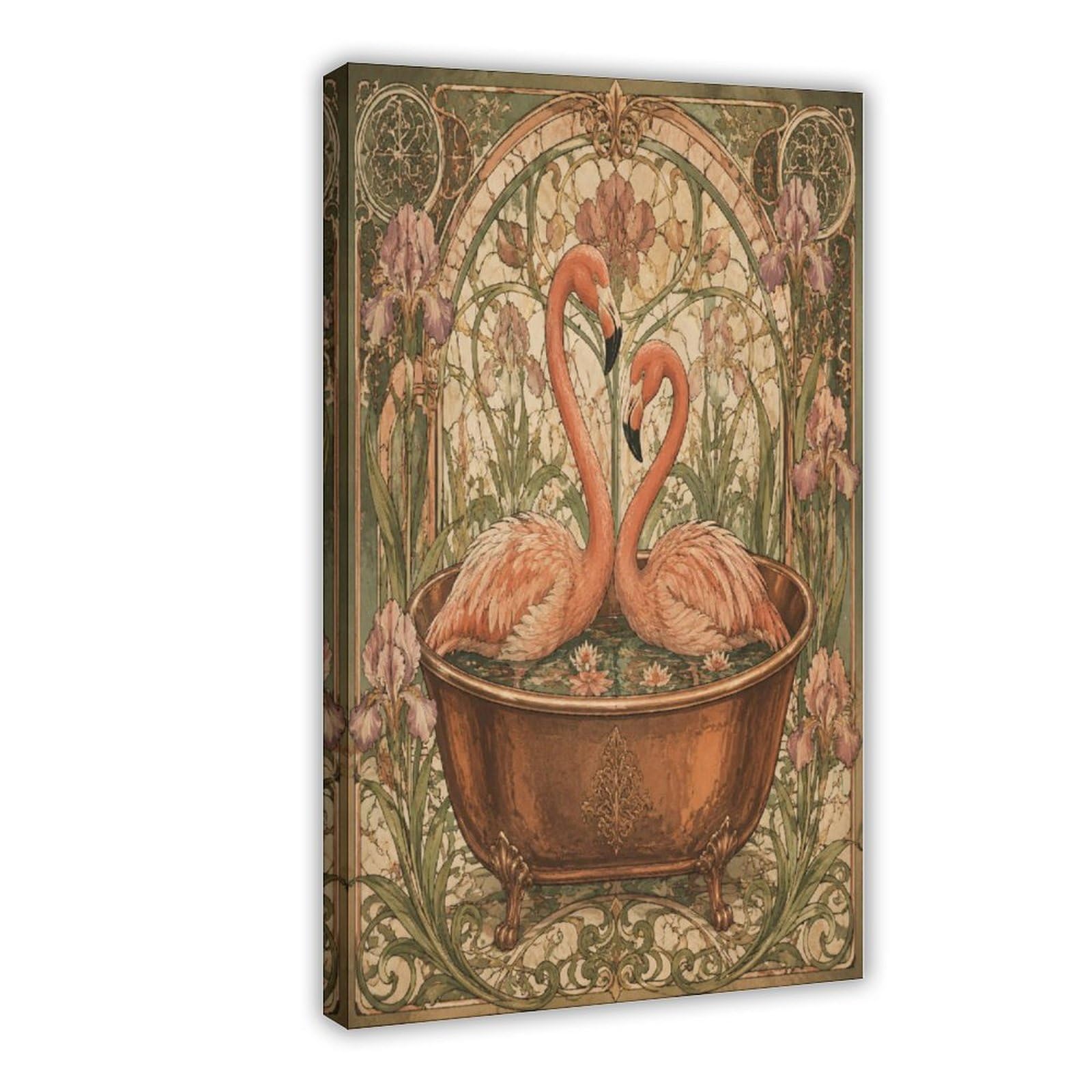 Baño Floral Flamenco Cuadro en Lienzo, Ilustración botánica Estudio