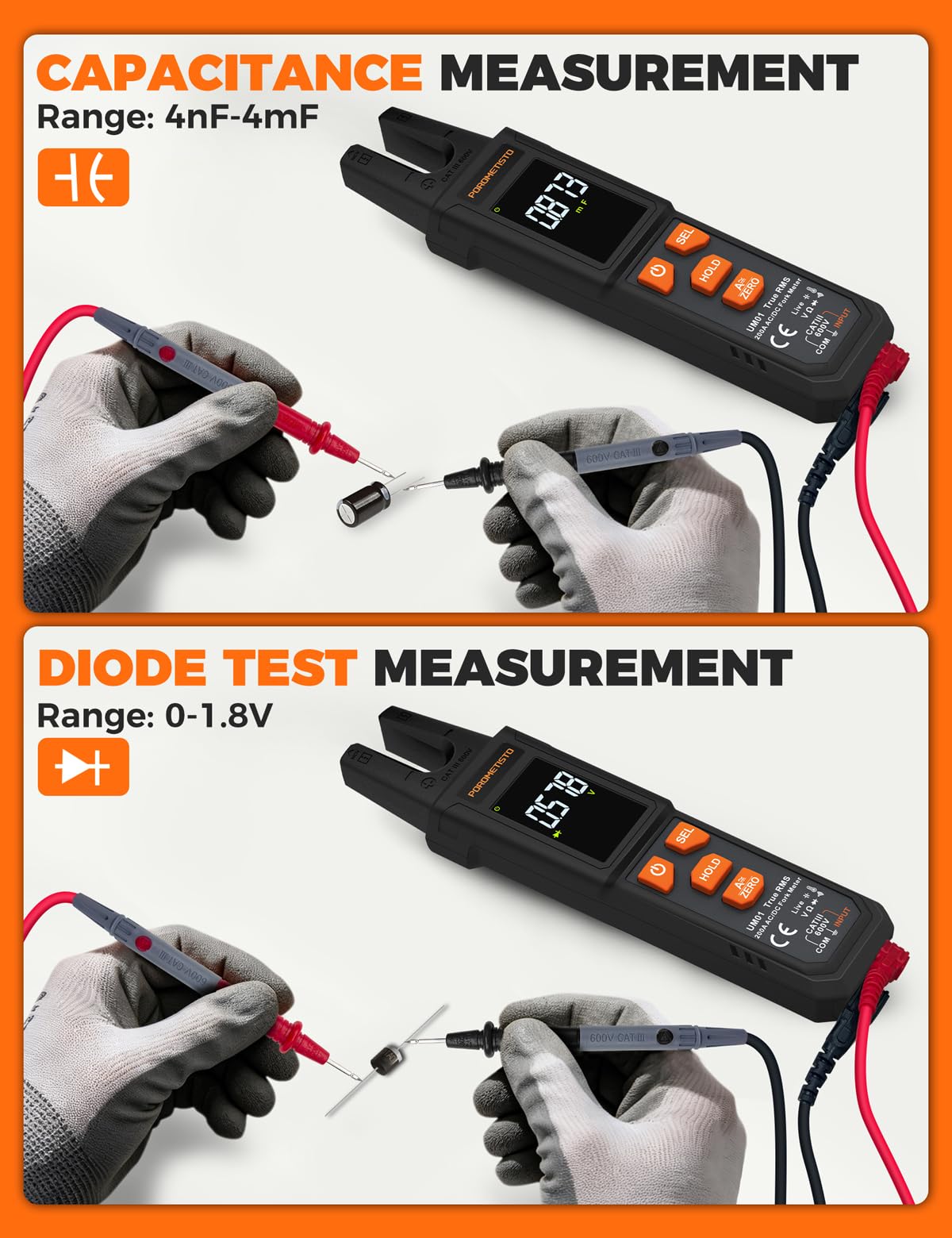 Pinza Amperometrica Professionale UM01 Morso a U POROMETISTO 4000 TRMS | Milliampere Multimetro Digitale Autorange, Auto-ID AC/DC, NCV, Live, Resistenza, Capacità, Temperatura, 1000V Tester