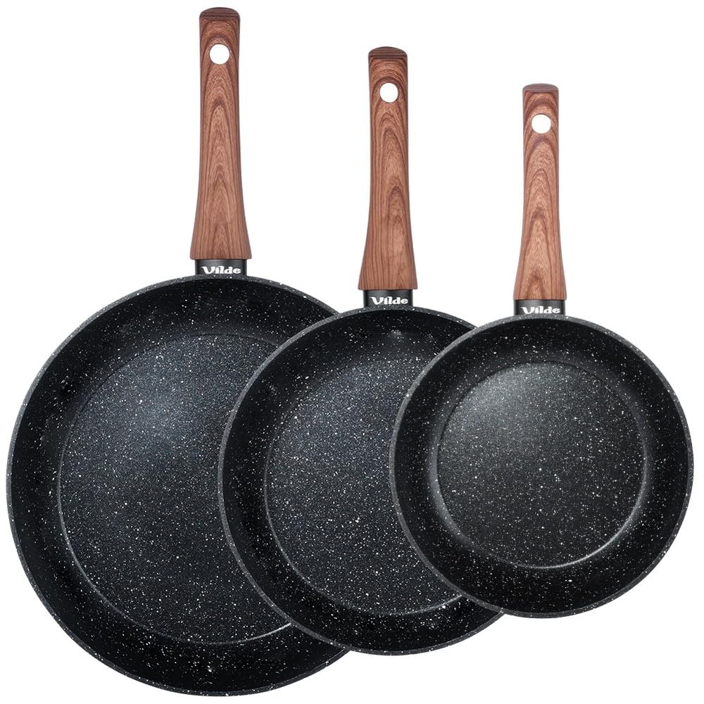 Vilde 3-częściowy zestaw patelni do kuchenek indukcyjnych z aluminium, nieprzywierająca powłoka granitowa, patelnie 20/24/28 cm, nadają się do mycia w zmywarce, uchwyt o wyglądzie drewna