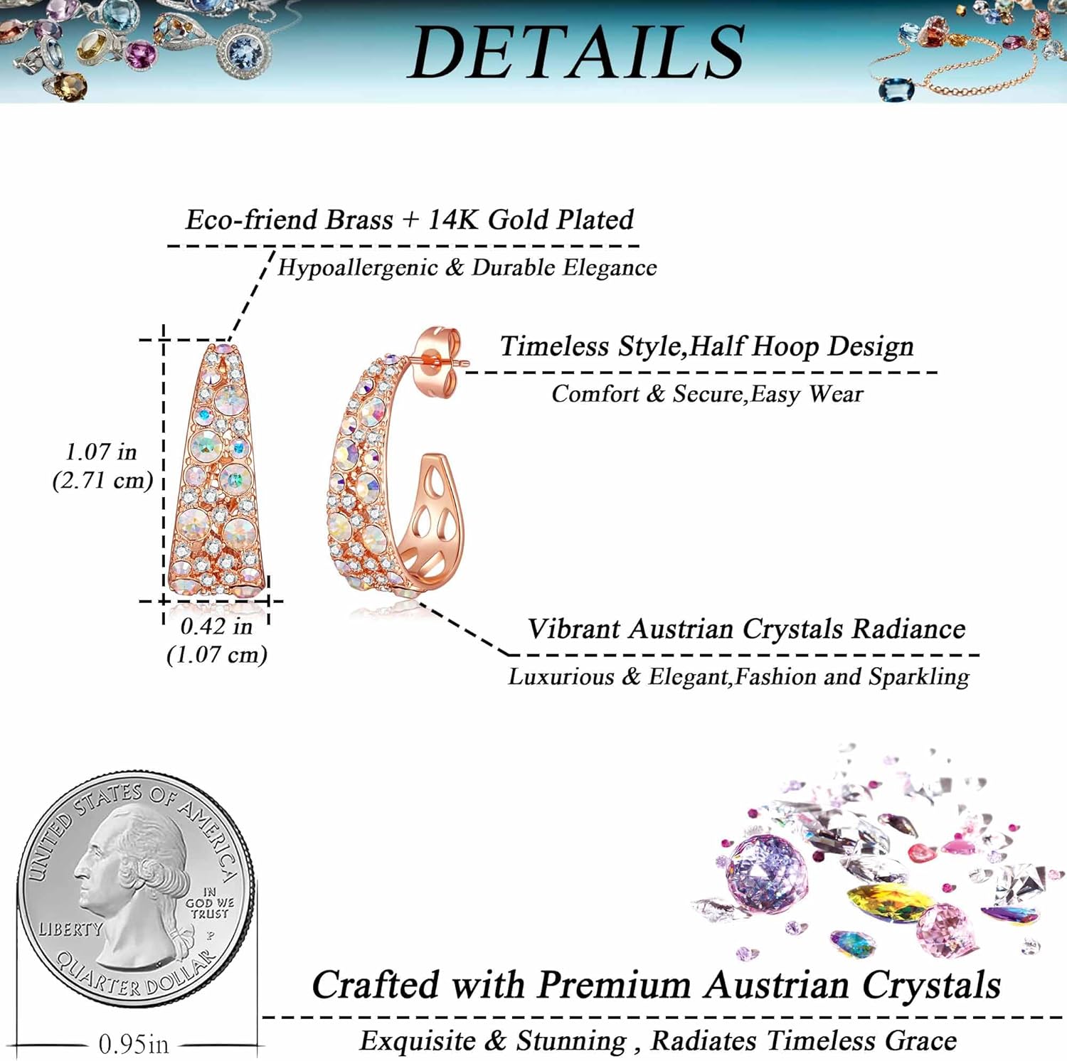 EVEVIC Stunning Multicolor Austrian Crystal Chunky Hoop Earrings for Women 14K Gold Plated Hypoallergenic Half Hoop Earring Trendy Jewelry Gift - Image 6