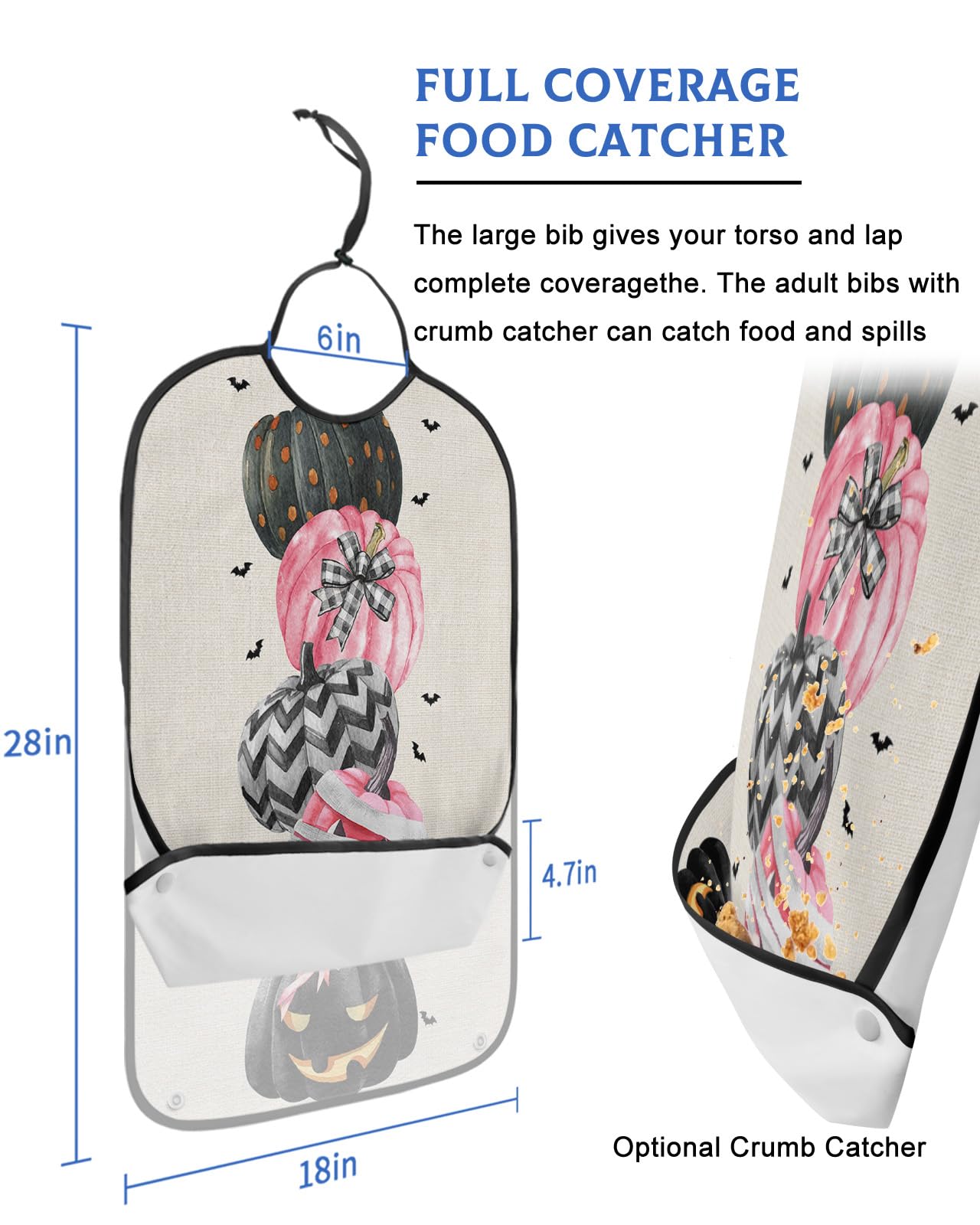 Halloween Pumpkin Adult Bib for Adults Men, Women, Washable & Adjustable Terry Cloth Bib with Crumb Catcher Reusable Waterproof Clothing Clothes Protector Apron Horror Watercolor Spooky Dots