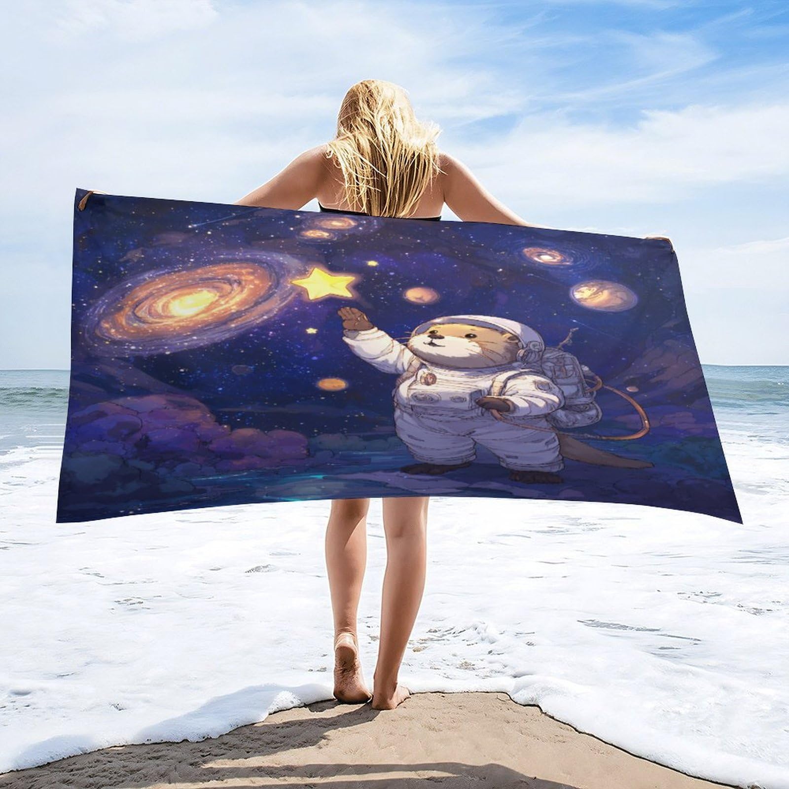 Luyysky Cute Abstract Otter Astronaut Absorbent Beach Towel, Colorful Cartoon Outer Space Galaxy Constellation Animal Otter Outdoor Single-Sided Velvet Beach Towel-80 W Cm X 160" L Cm