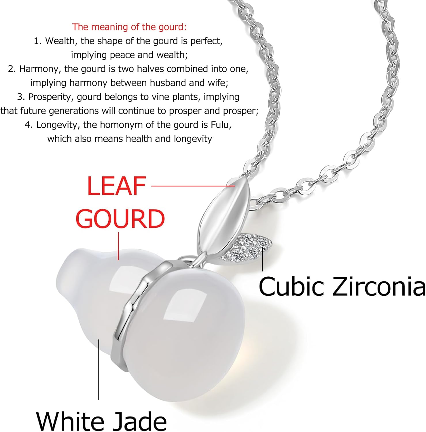 Gourd Silver Necklace Cultural Blessings White Chalcedony Wulu Pendant Necklace Feng Shui Charm Jewelry Gift for Women Lover Anniversary 40+5cm/15.7+2" - Image 3