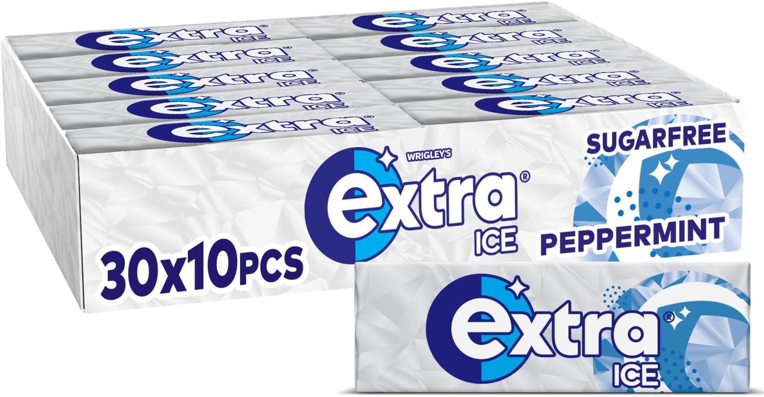 Wrigley's Extra Ice Chewing Gum, Ice Peppermint Flavour with Microgranules, 30 Packs of 10 Pieces, Sugar Free Bulk Pack Gum with Xylitol (300 pieces).