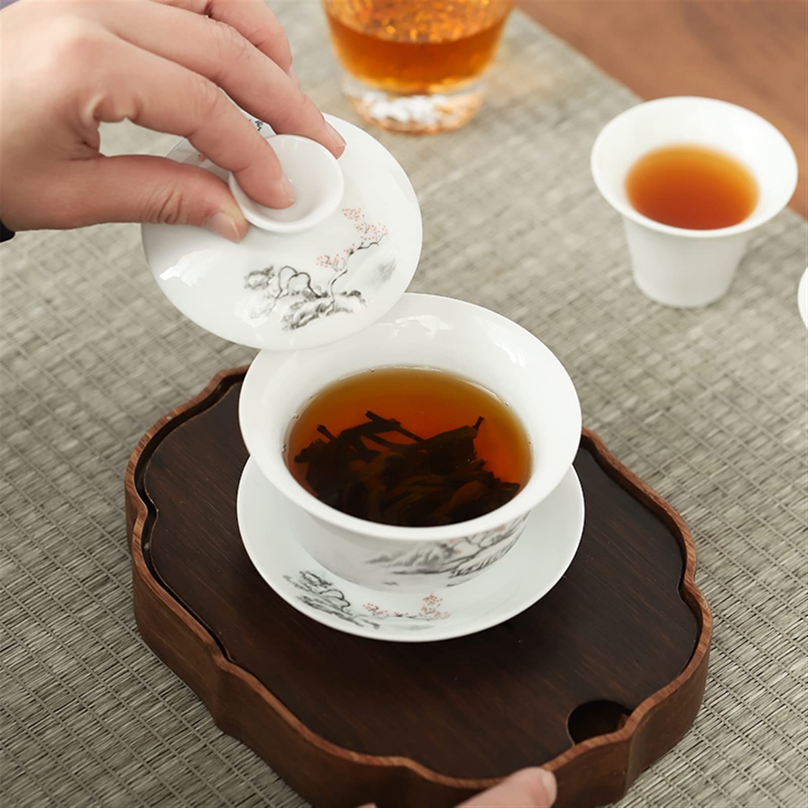 BATLAM Teetasse Blaue und weiße Porzellan-Abdeckschale Teetasse Große einzelne Teeschale Weißes Porzellan-Tee-Set Seladon-Teezubehör (Color : Clear) (Armeegrün)