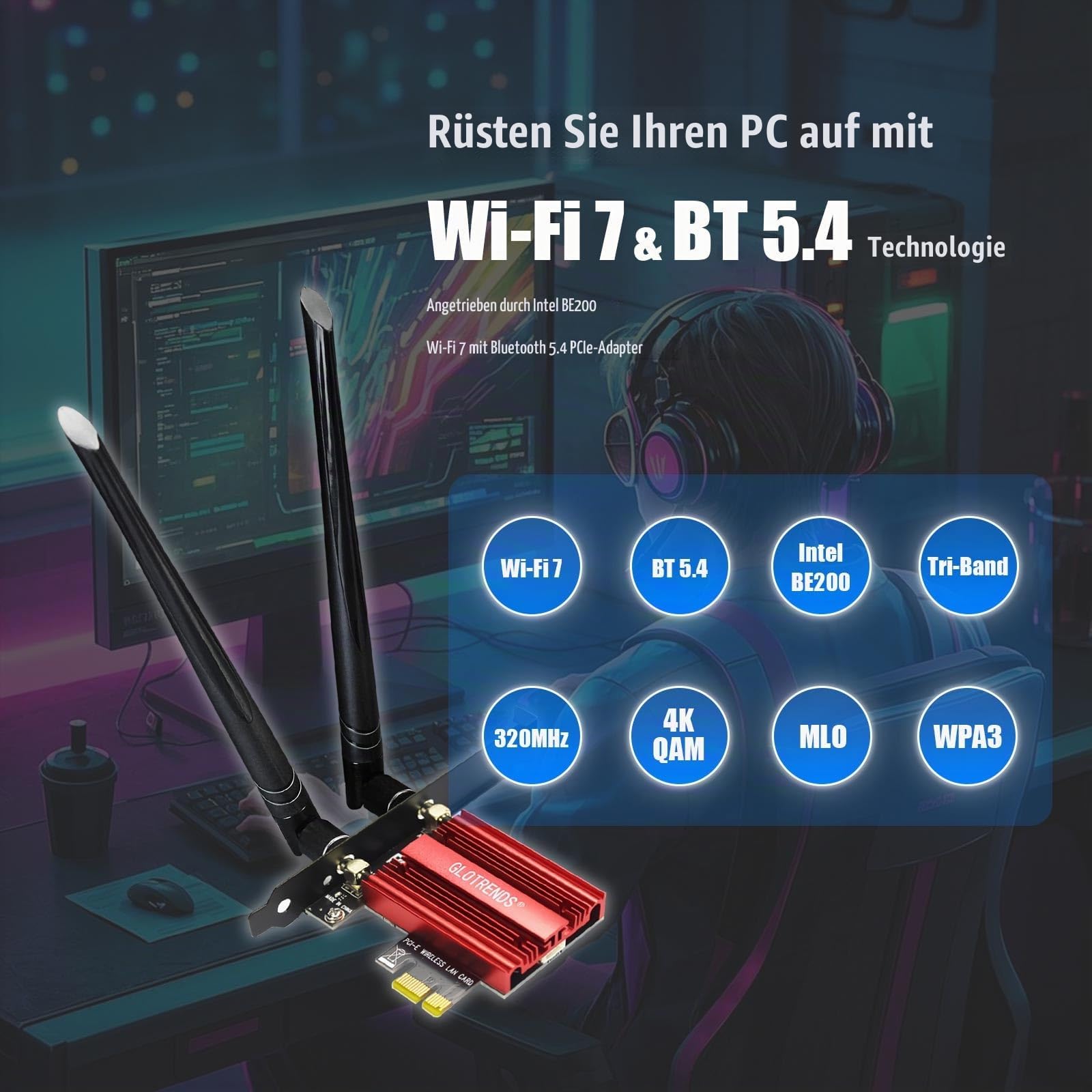 GLOTRENDS BE8774 WiFi 7 PCIe Karte für Desktop PC mit Intel BE200NGW Chip, 802.11be, Bluetooth 5.4, nur kompatibel mit Windows 11 24H2 oder höherer Version (unterstützt Keine AMD Motherboards)