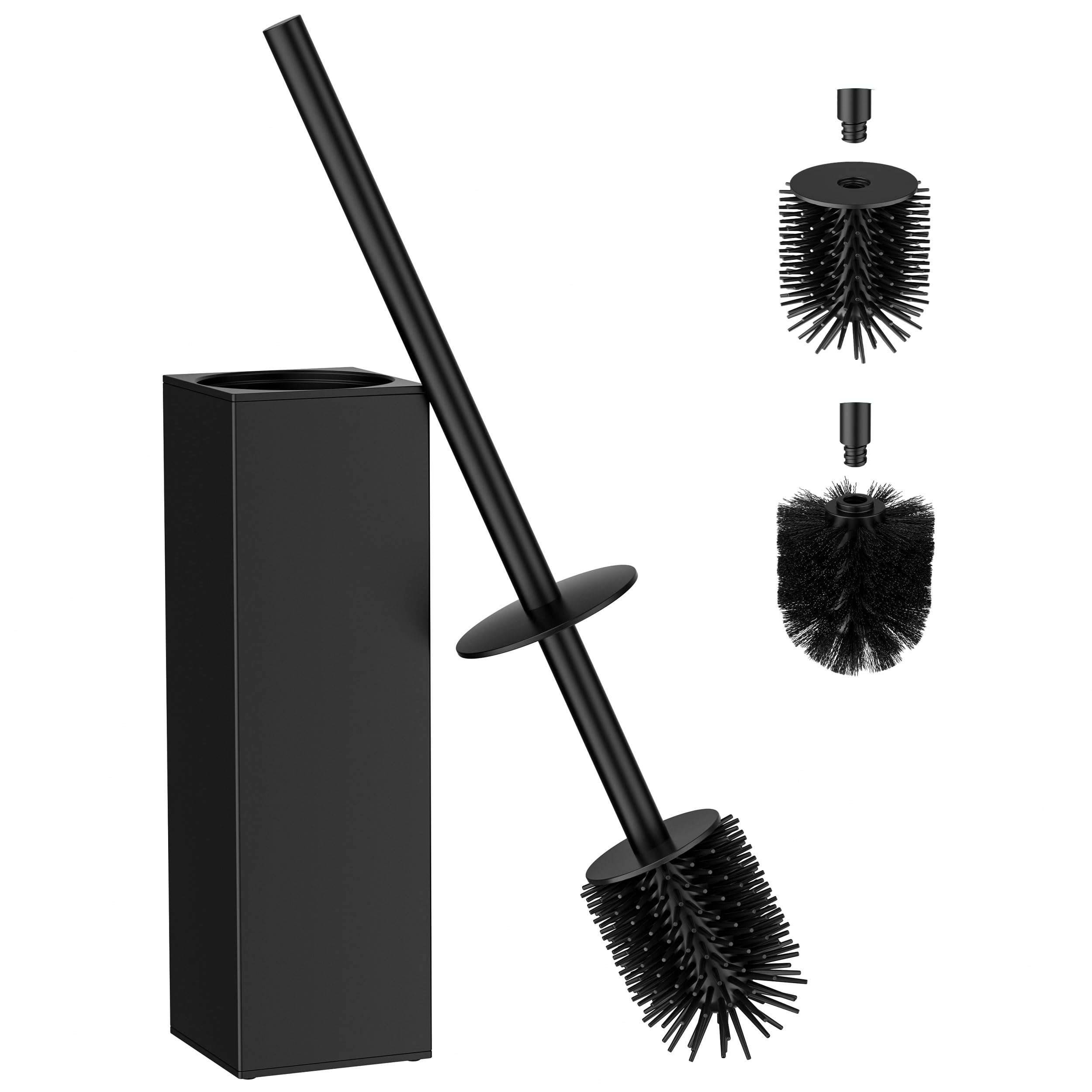 FORIOUS Silicone Toilet Brush Stainless Steel, 42 cm Extra Long Handle, Anti-Splash Design, Includes Replacement Head & Removable Inner Cup, Black