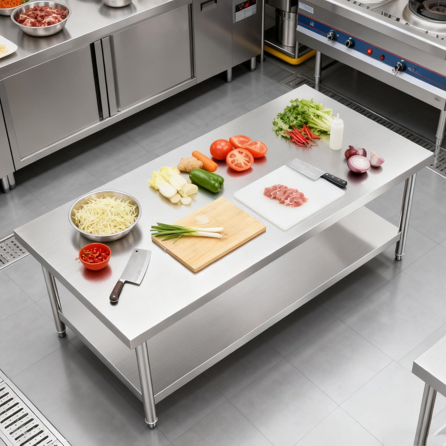 Right-Angle Stainless Steel Workbench Double-Tier Kitchen Prep Station Worktable Metal Prep Table Open Storage Shelving Adjustable Feet for Hotels/Kitchens/Restaurants(60x40x80cm/23.6x15.7x31.5”)