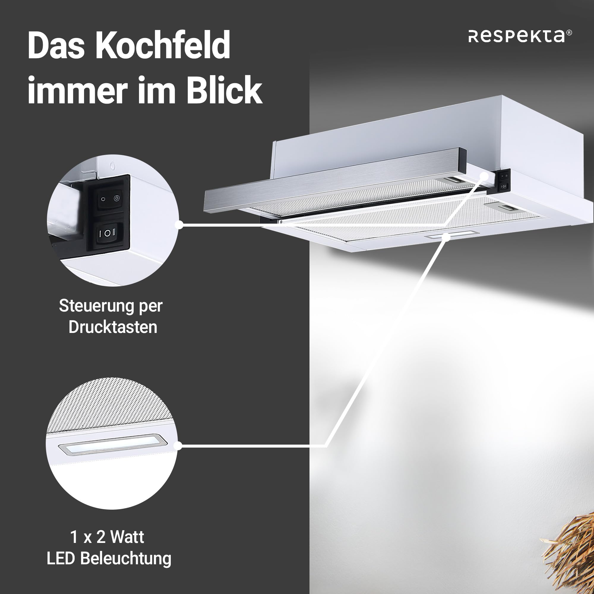 Respekta Dunstabzugshaube 60 cm Edelstahlgehäuse Weiß Abluft Umluft CH4138IXC 53–64 dB