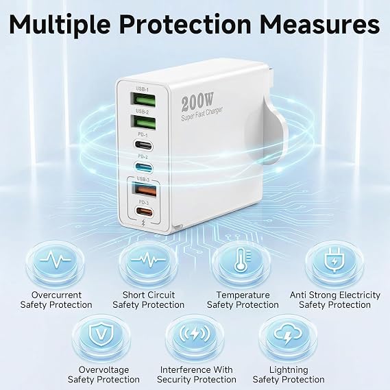 200W USB C Fast Charging Station, 6-Port Multi USB Charger Plug UK with PD 20W/45W/65W/100W, 2 Port Super Fast Charger Power Compatible with H-uawei i-Pads, MacBookTablets, Dell, S-amsung, i-Phone