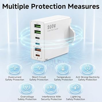 200W USB C Fast Charging Station, 6-Port Multi USB Charger Plug UK with PD 20W/45W/65W/100W, 2 Port Super Fast Charger Power Compatible with H-uawei i-Pads, MacBookTablets, Dell, S-amsung, i-Phone