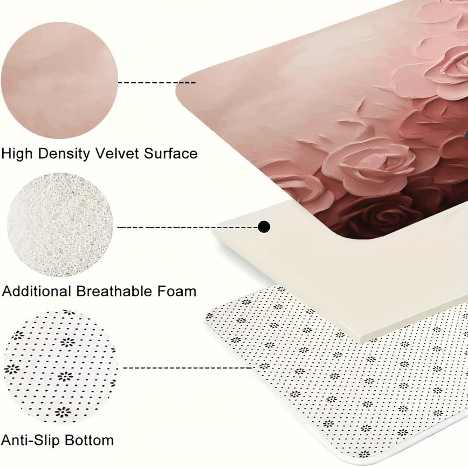 Rose Color Blush and Black Kitchen Mat Washable Non Slip Rugs Soft Kitchen Mats for Floor Set of 2 PCS Cushioned Absorbent Runner Standing Rugs for Home Sink Laundry Office