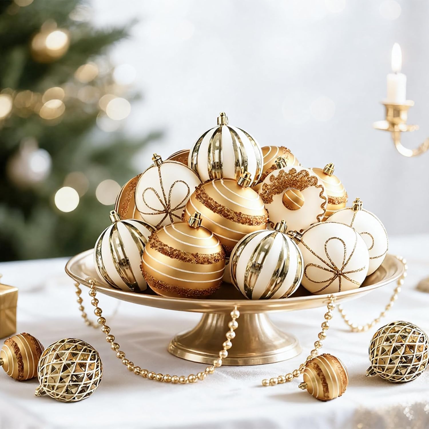 SHareconn 70pcs 2025 Classic Christmas Balls Ornaments Set, Shatterproof Plastic Baubles, Ribbon and Tree Topper for Xmas Tree Holiday Wedding Party Decorations with Hanging Strings, White and Gold