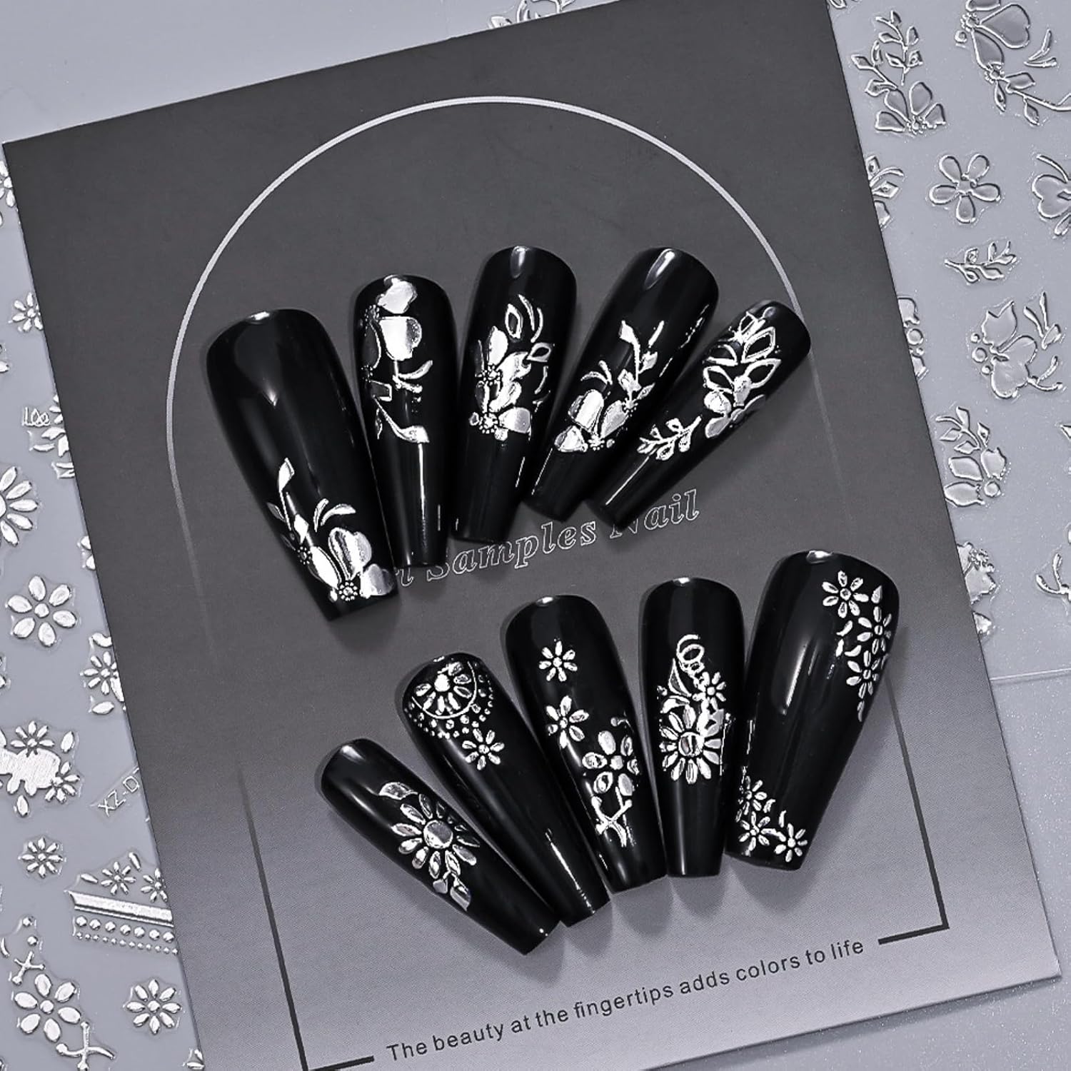 12 Sheets Silver Nail Art Stickers, 3D Self-Adhesive Bronzing Sun Moon Stars Bow Designs Nail Sticker Acrylic Manicure Decals Decorations Accessory for Women Girls