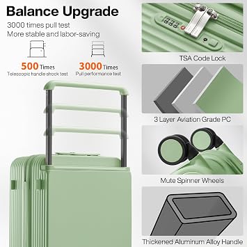 mixi Carry On Luggage Airline Approved Wide Handle Lightweight Luggage PC Hard Shell Suitcases Rolling Suitcases with Spinner Wheels & TSA Lock, 20 Inch Avocado Green