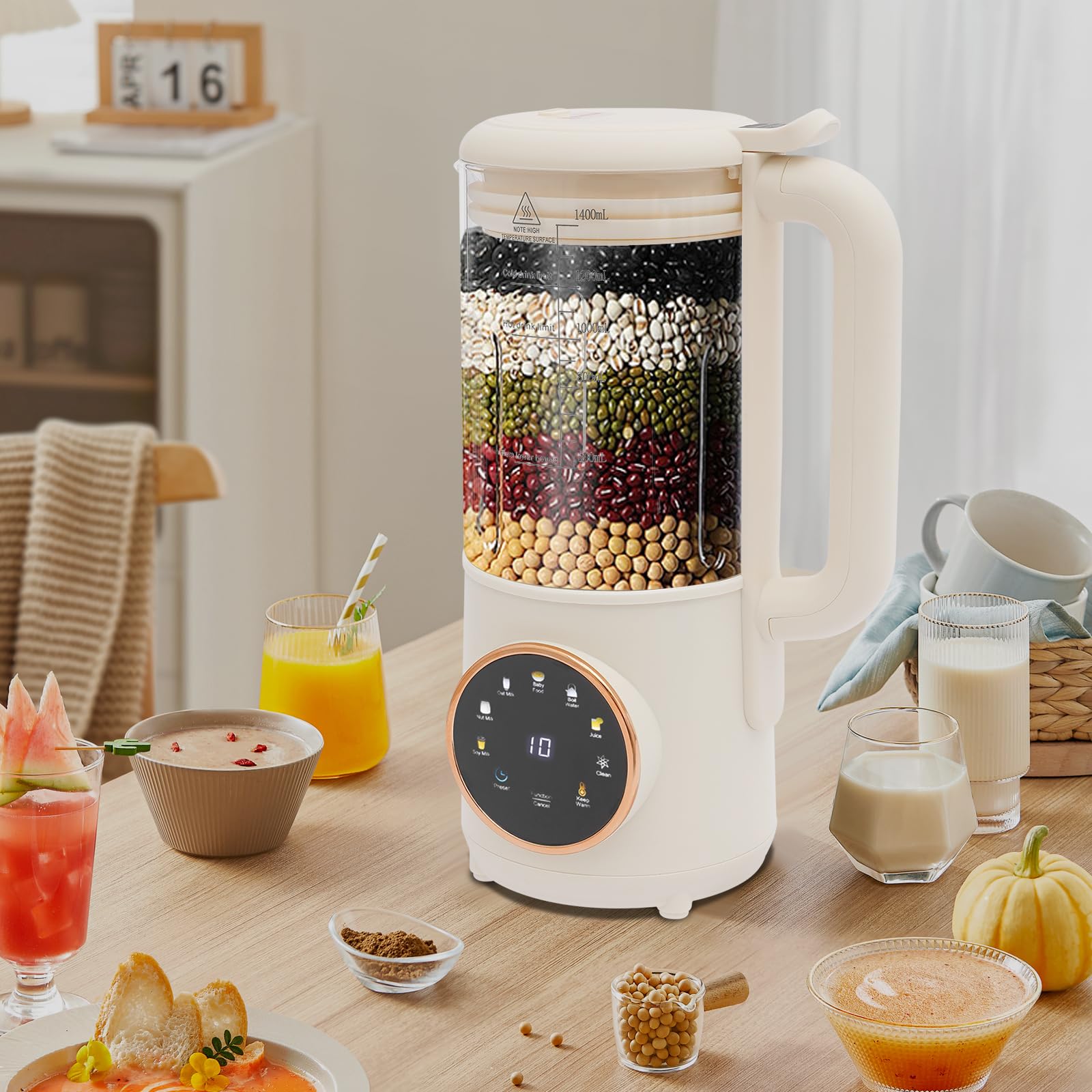 Vollautomatischer Sojamilchbereiter 1,4L, 24h Vorwahl & 6h Warmhaltefunktion, 600W Nussmilchmaschine, Selbstreinigungsfunktion für Sojamilch, Nussmilch, Hafermilch, Babynahrung, Saft